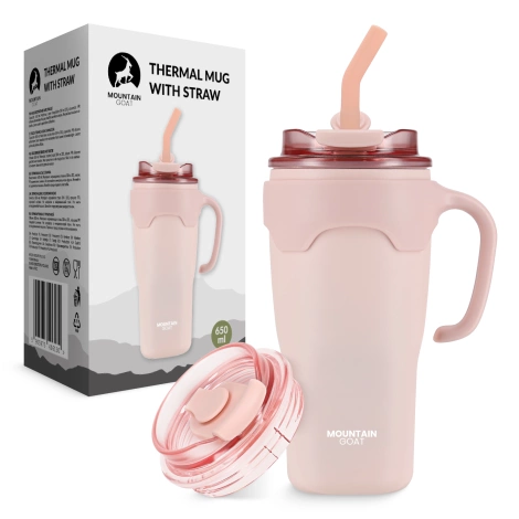 Termohrnek s uchem a brčkem 650 ml růžový