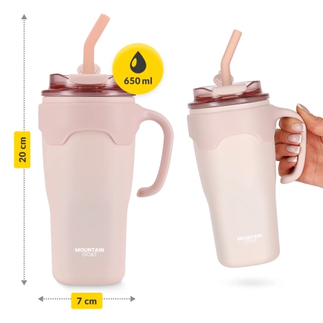 Termohrnek s uchem a brčkem 650 ml růžový