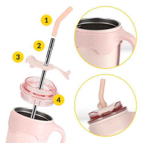 Termohrnek s uchem a brčkem 650 ml růžový