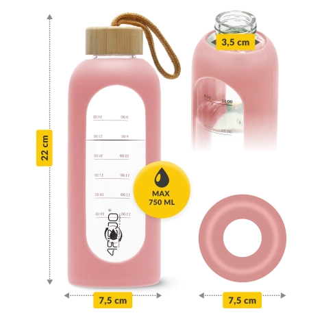 Skleněná láhev na vodu 750 ml růžová