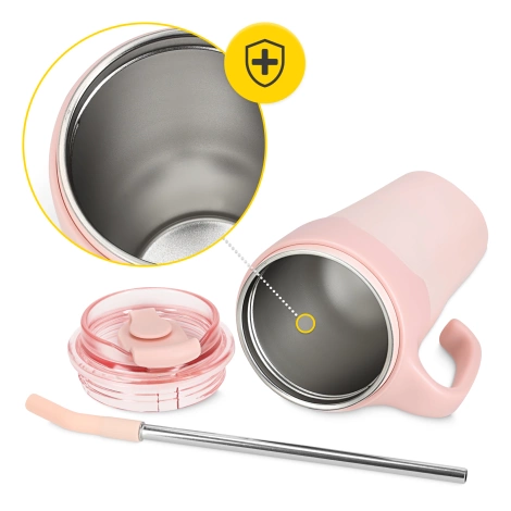 Termohrnek s uchem a brčkem 650 ml růžový