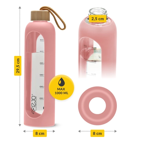 Skleněná láhev na vodu 1 L růžová